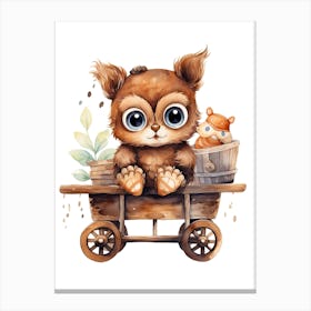 Baby Owl On A Toy Car, Watercolour Nursery 1 Canvas Print