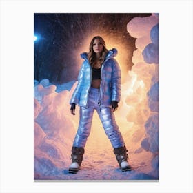 Woman in down jacket in the snow with fireworks, mystic Canvas Print