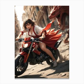 Anime - Gorgeous Girl riding Big Motorcycle Chased by a Red Dragon Canvas Print