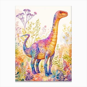 Pastel Rainbow Diplodocus Dinosaur In The Plants Canvas Print