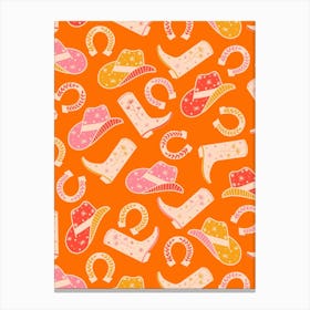 Warm Retro Western Cowgirl Motifs - Orange, Pink, Peach, Cream Canvas Print