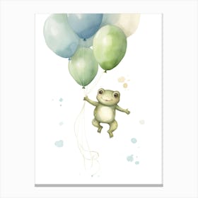 Baby Frog Flying With Ballons, Watercolour Nursery Art 1 Canvas Print