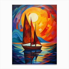 Sailing Boat at Sunset II, Vibrant Colorful Painting in Cubism Picasso Style Canvas Print