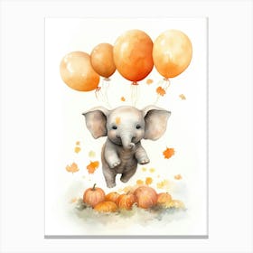 Elephant Flying With Autumn Fall Pumpkins And Balloons Watercolour Nursery 4 Canvas Print