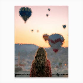 Girl Watching Floating Air Balloons, Oil Painting Canvas Print