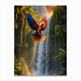 Parrot Flying Over Waterfall Canvas Print