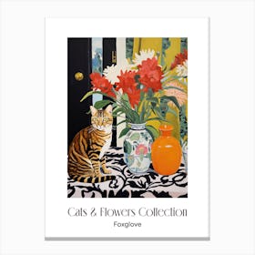 Cats & Flowers Collection Foxglove Flower Vase And A Cat, A Painting In The Style Of Matisse 2 Canvas Print