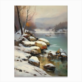 Ancient landscapes, old winter oil paintings and rocks around the lake bank. Snow is falling on the lake, old colors.10 1 Canvas Print