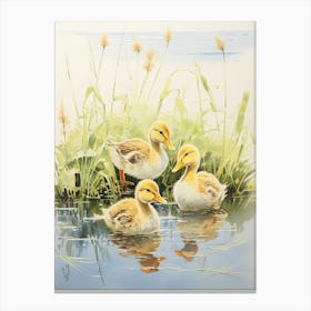 Japanese Woodblock Style Duckling Family 4 Canvas Print