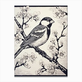 B&W Bird Linocut House Sparrow 1 Canvas Print