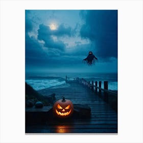 Halloween Pumpkin On The Beach Canvas Print