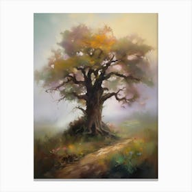 Oak tree, fine work of art, misty atmosphere, green meadow..21 Canvas Print