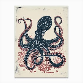 Octopus In The Ocean With Coral Linocut Inspired 1 Canvas Print