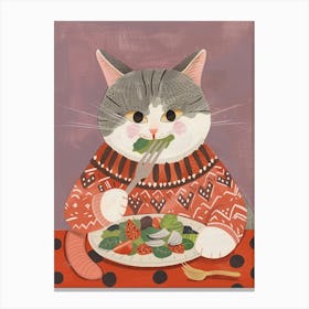 Cute Grey Cat Eating Salad Folk Illustration 4 Canvas Print