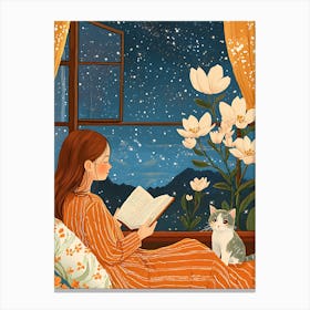 Girl Reading Book with Her Cat 9 Canvas Print