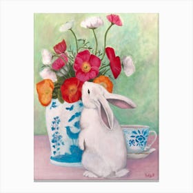 Chinoiserie Rabbit And Anemones Canvas Print