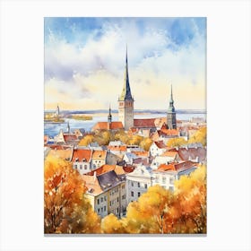 Tallinn Estonia In Autumn Fall, Watercolour 2 Canvas Print