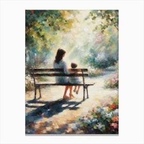 Mother And Child Sitting On Park Bench Canvas Print