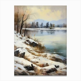 Ancient landscapes, old winter oil paintings and rocks around the lake bank. Snow is falling on the lake, old colors.4 2 Canvas Print