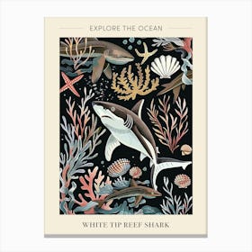 White Tip Reef Shark Seascape Black Background Illustration 1 Poster Canvas Print