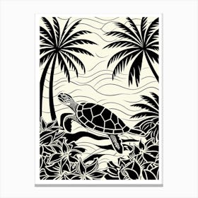 Modern Digital Sea Turtle Illustration Palm Trees 5 Canvas Print
