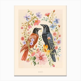 Folksy Floral Animal Drawing Raven Poster Canvas Print