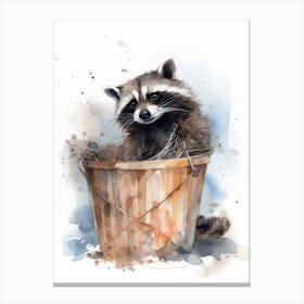 A Raccoon In A Trash Can Watercolour Illustration 1 Canvas Print