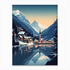 Winter Travel Night Illustration Hallstatt Austria 2 Canvas Print