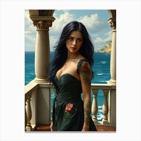 Dark Hair Beauty on a Veranda Canvas Print