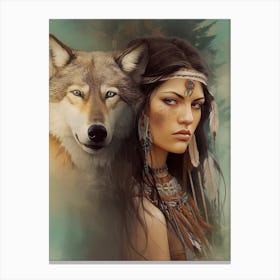 MusKogee Creek Native American Woman With A Wolf 1 Canvas Print