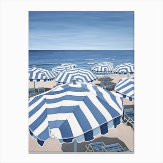 Striped Blue And White Beach Umbrellas In Italy Canvas Print