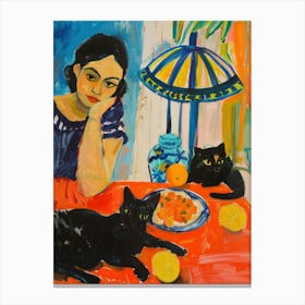 Portrait Of A Girl With Cats Eating A Fruit Salad 2 Canvas Print