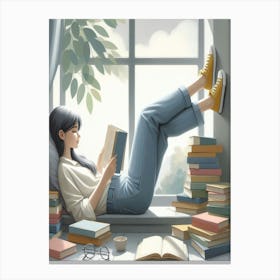 Girl Reading Books Canvas Print