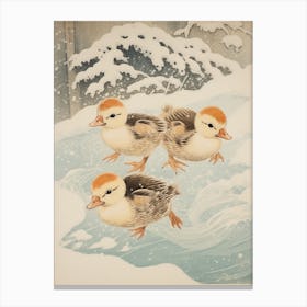 Ducklings In The Icy Water Japanese Woodblock Style 2 Canvas Print