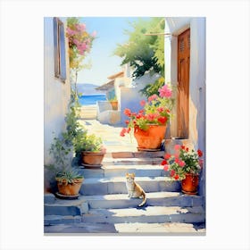 Cat On The Steps Mediterranean 1 Canvas Print