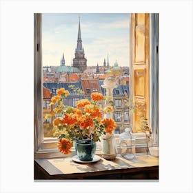Window View Of Copenhagen Denmark In Autumn Fall, Watercolour 1 Canvas Print