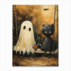 Ghost black cat And bat halloween Canvas Print