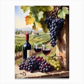 Vines,Black Grapes And Wine Bottles Painting (5) Canvas Print