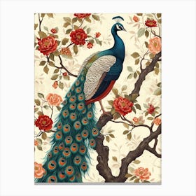 Cream Floral Vintage Peacock Wallpaper Inspired 6 Canvas Print