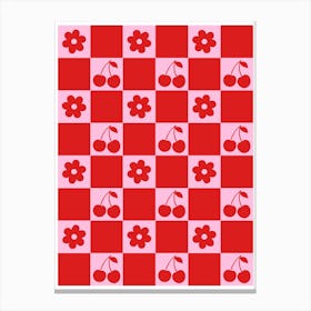 Cherry Flowers Pink and Red Checker Canvas Print