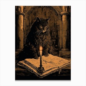 A Black Cat At The Desk With A Candle Sepia Etching Canvas Print