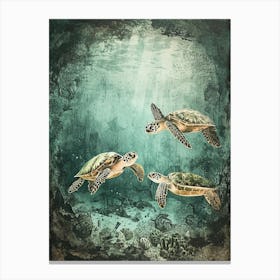 Sea Turtles In An Underwater World Textured Illustration 3 Canvas Print