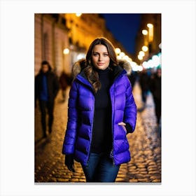 Woman in down jacket, walking in luminous city at night 3 Canvas Print