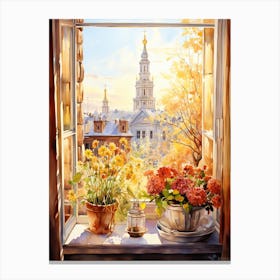 Window View Of Riga Latvia In Autumn Fall, Watercolour 2 Canvas Print