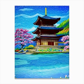 Pagoda By The Water Cherry Blossoms Mount Fuji Japan Canvas Print