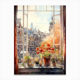 Window View Of Amsterdam Netherlands In Autumn Fall, Watercolour 4 Canvas Print
