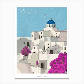 Oia Santorini Greece Art Print - Whimsical Wall Art - Santorini Travel Illustration Gift Canvas Print