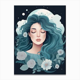 Blue Haired Girl With Flowers Canvas Print