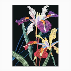 Neon Flowers On Black Iris 2 Canvas Print