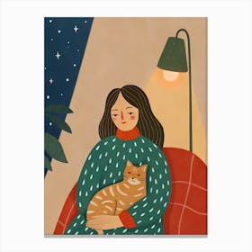 Woman Holding a Cat at Home on A Couch Sofa and Lamp Canvas Print